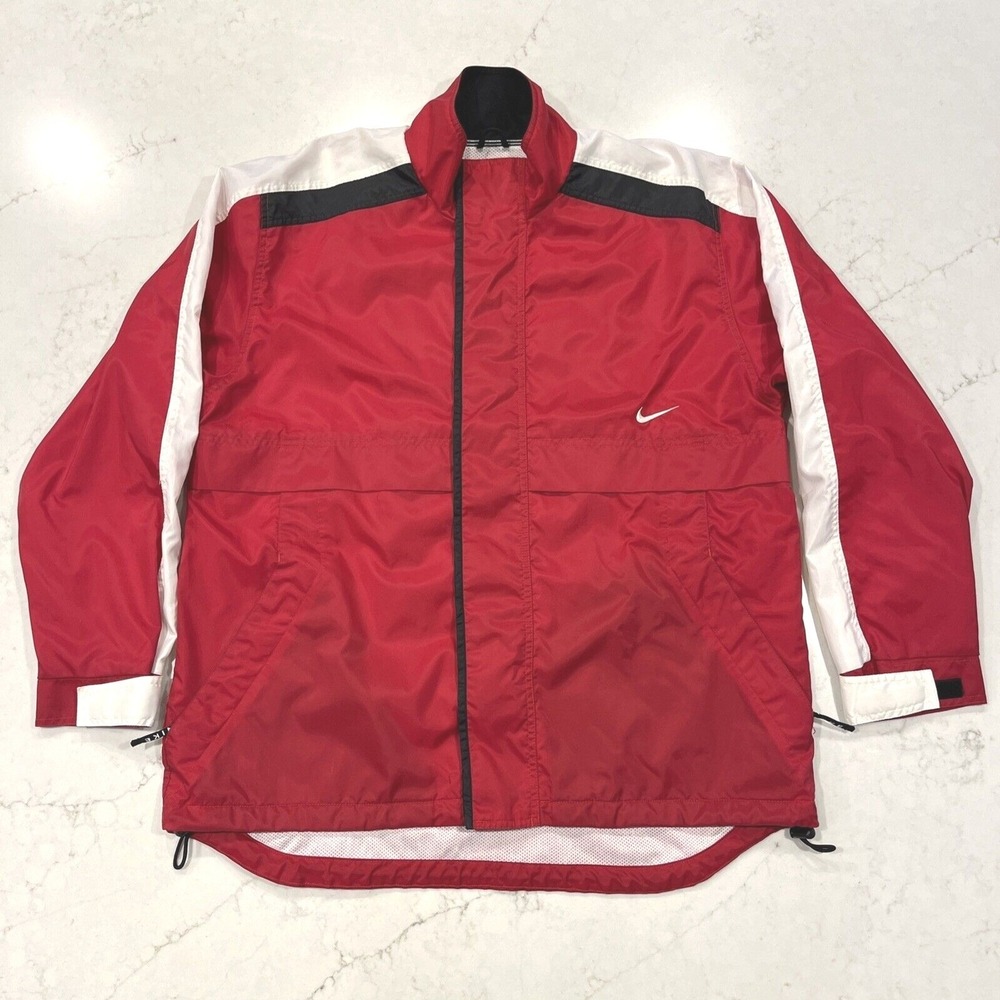 Vintage 90's Nike Full Zip Vented Rain Jacket Red White Swoosh Windbreaker Sz M